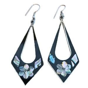 Vintage Alpaca Mexico Silver with Black Enamel and Abalone Flower Drop Earrings